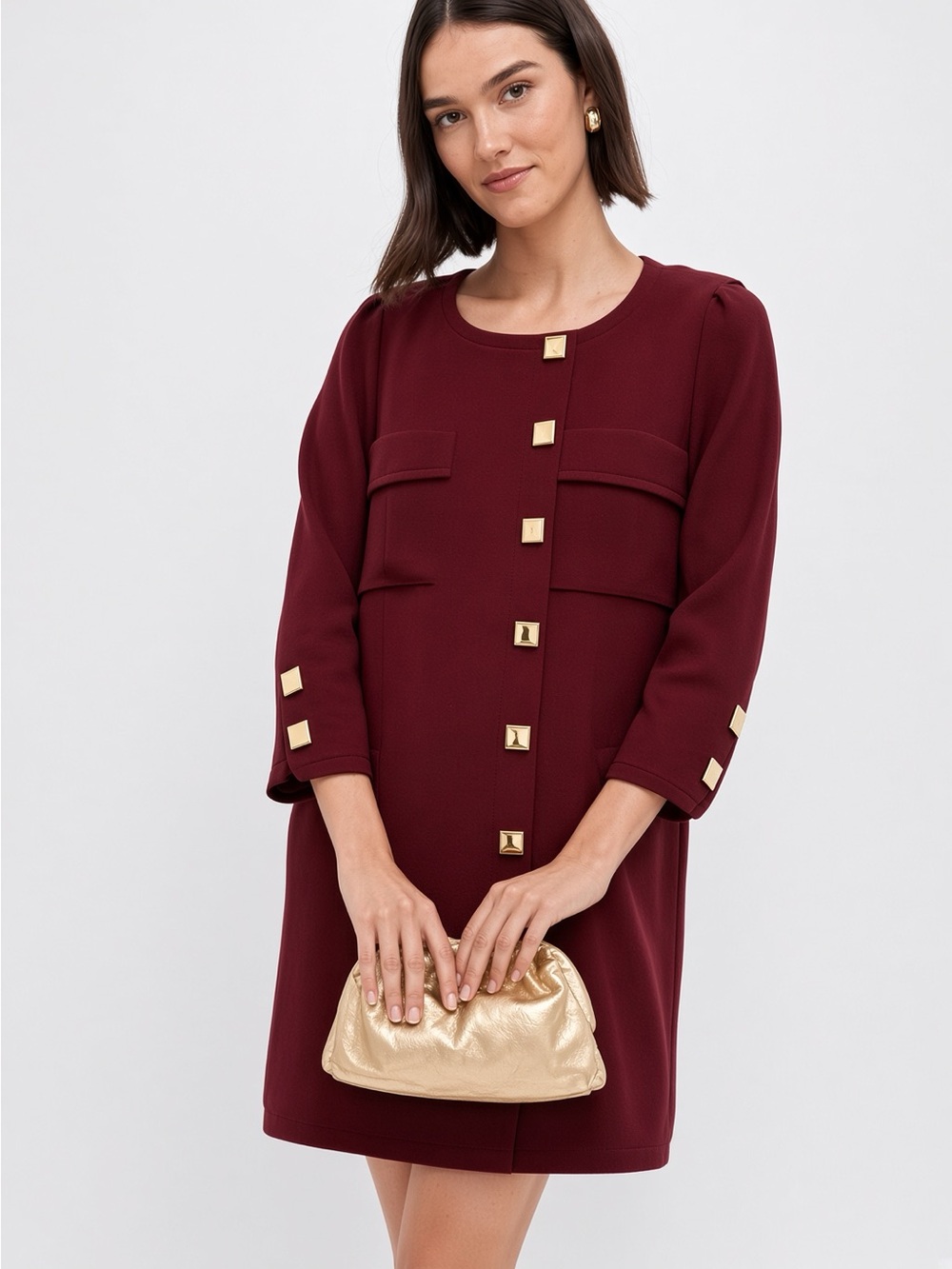 Tuckernuck Barnett Oxblood Maroon Gold Square Button Mini Coat Dress XS
